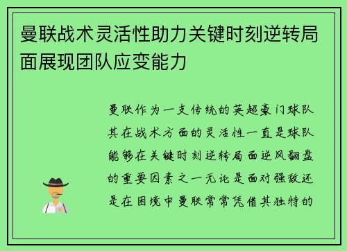 曼联战术灵活性助力关键时刻逆转局面展现团队应变能力