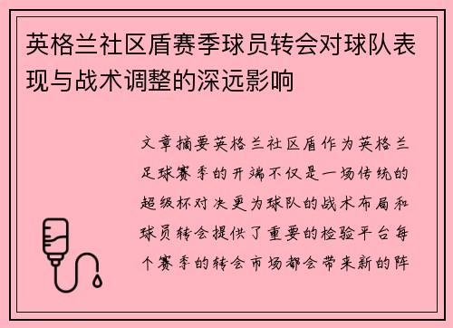 英格兰社区盾赛季球员转会对球队表现与战术调整的深远影响