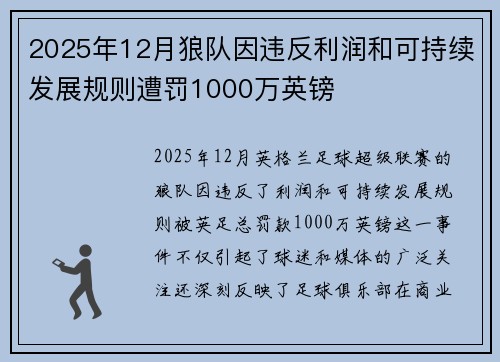 2025年12月狼队因违反利润和可持续发展规则遭罚1000万英镑 2025年12月狼队因违反利润和可持续发展规则遭罚1000万英镑